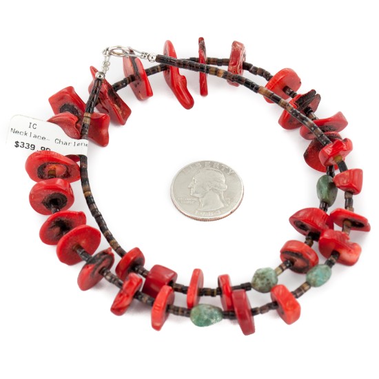 Certified Authentic Navajo .925 Sterling Silver Natural Turquoise Coral Heishi Native American Necklace 25235-4