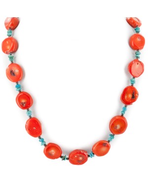 Certified Authentic Navajo .925 Sterling Silver Natural Turquoise Coral Hematite Native American Necklace 25210