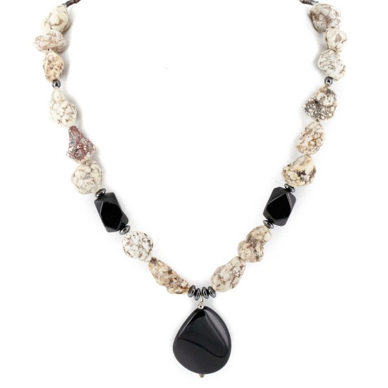 Certified Authentic Navajo .925 Sterling Silver White Howlite Black Onyx Hematite Native American Necklace 15844-4