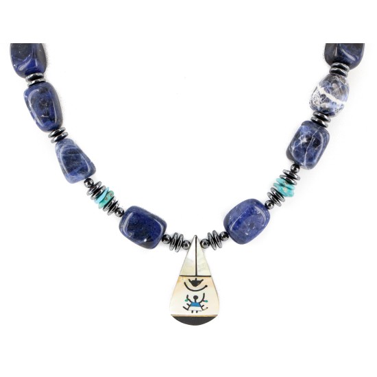Certified Authentic Navajo .925 Sterling Silver Inlay Natural Mother of Pearl Lapis Hematite Native American Necklace 25201-1