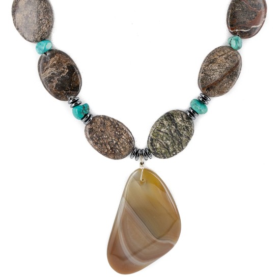 Certified Authentic Navajo .925 Sterling Silver Natural Turquoise Jasper Agate Hematite Native American Necklace 15800-29