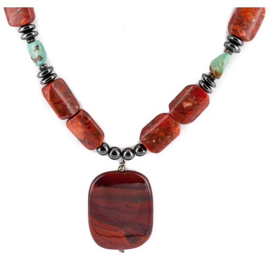 Certified Authentic Navajo .925 Sterling Silver Natural Turquoise Coral Hematite Native American Necklace 25215-102