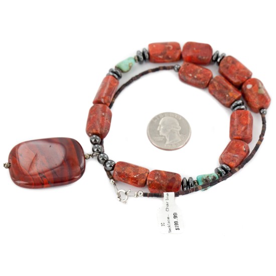 Certified Authentic Navajo .925 Sterling Silver Natural Turquoise Coral Hematite Native American Necklace 25215-102