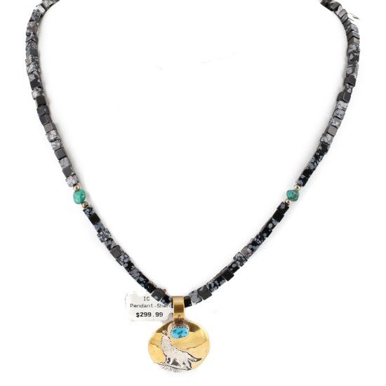 12kt Gold Filled and .925 Sterling Silver Wolf Handmade Certified Authentic Navajo Natural Turquoise and Snowflake Stone Native American Necklace 24124-2-7501003