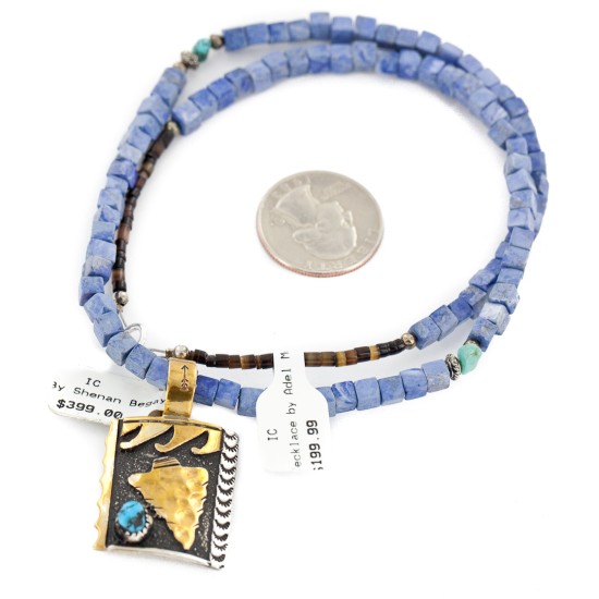 12kt Gold Filled and .925 Sterling Silver Handmade Arrow Certified Authentic Navajo Natural Turquoise and Lapis Native American Necklace 14456-7-25289