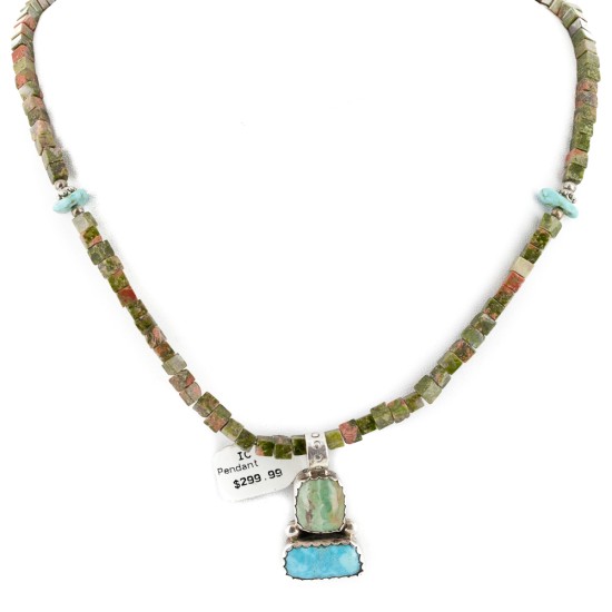 .925 Sterling Silver Certified Authentic Navajo Turquoise Jasper Native American Necklace 14389-50-790101