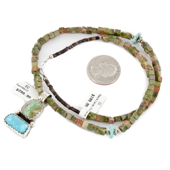 .925 Sterling Silver Certified Authentic Navajo Turquoise Jasper Native American Necklace 14389-50-790101