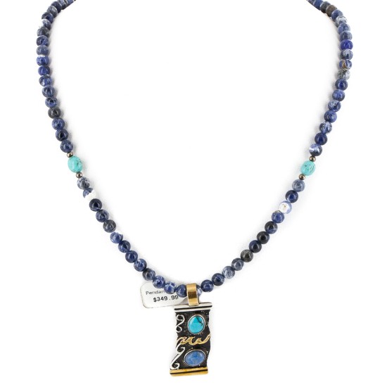 12kt Gold Filled and .925 Sterling Silver Handmade Certified Authentic Navajo Natural Turquoise and Lapis Native American Necklace 1490-16-15338