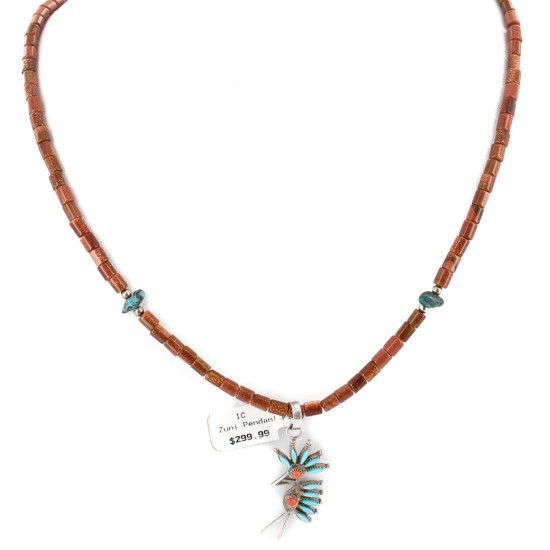 Kokopelli Petit Point Handmade Certified Authentic Zuni .925 Sterling Silver Turquoise Coral Goldstone Native American Necklace 24206-1-15786-32