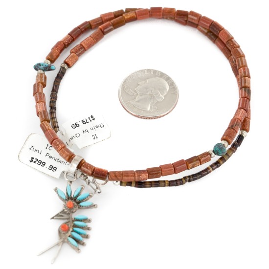 Kokopelli Petit Point Handmade Certified Authentic Zuni .925 Sterling Silver Turquoise Coral Goldstone Native American Necklace 24206-1-15786-32
