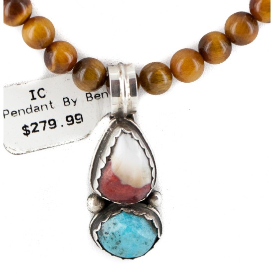 .925 Sterling Silver Certified Authentic Navajo Natural Turquoise Spiny Oyster Tigers Eye Native American Necklace 14492-27-10225