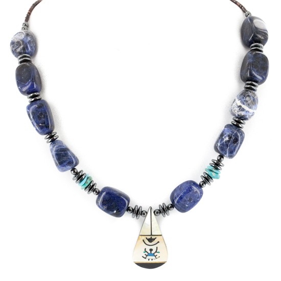 Certified Authentic Navajo .925 Sterling Silver Inlay Natural Mother of Pearl Lapis Hematite Native American Necklace 25201-1
