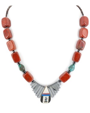 Certified Authentic Navajo .925 Sterling Silver Inlay Natural Turquoise Red Jasper Mother of Pearl Lapis Hematite Native American Necklace 15757-21