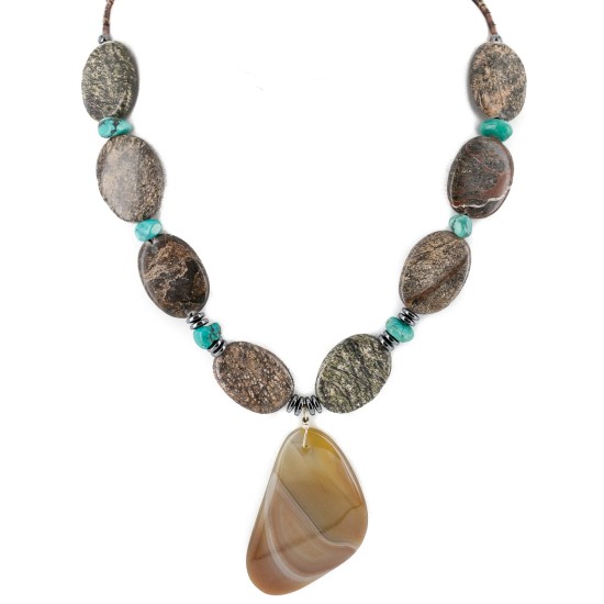 Certified Authentic Navajo .925 Sterling Silver Natural Turquoise Jasper Agate Hematite Native American Necklace 15800-29