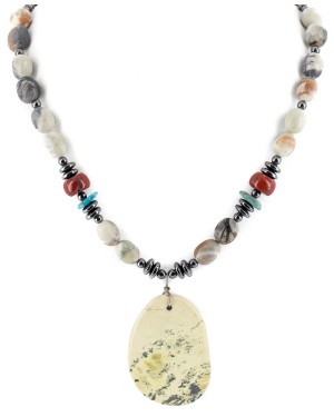Certified Authentic Navajo .925 Sterling Silver Natural Turquoise Red Jasper Agate Hematite Native American Necklace 750133-4