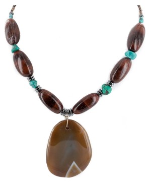 Certified Authentic Navajo .925 Sterling Silver Natural Turquoise Tigers Eye Hematite Agate Native American Necklace 15800-33