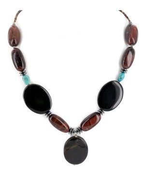 Certified Authentic Navajo .925 Sterling Silver Natural Turquoise Tigers Eye Hematite Black Onyx Native American Necklace 750121-5