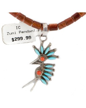 Kokopelli Petit Point Handmade Certified Authentic Zuni .925 Sterling Silver Turquoise Coral Goldstone Native American Necklace 24206-1-15786-32