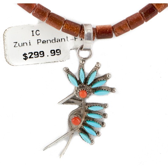 Kokopelli Petit Point Handmade Certified Authentic Zuni .925 Sterling Silver Turquoise Coral Goldstone Native American Necklace 24206-1-15786-32