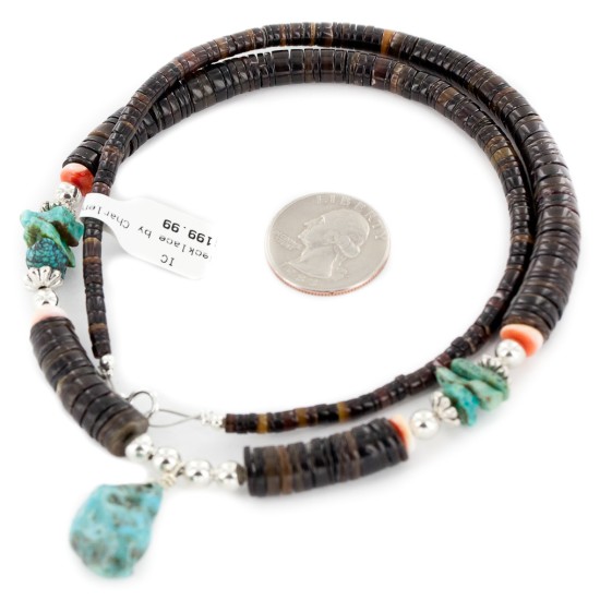 Certified Authentic Navajo .925 Sterling Silver Natural Graduated Melon Shell and Turquoise Native American Necklace 18132