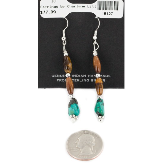 Certified Authentic Navajo .925 Sterling Silver Hooks Dangle Natural Turquoise Tigers Eye Native American Earrings 18127