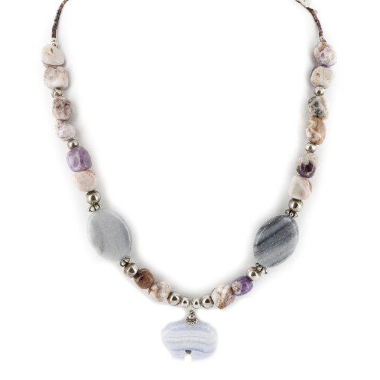 Bear Certified Authentic Navajo .925 Sterling Silver Natural Agate Native American Necklace 15155-6