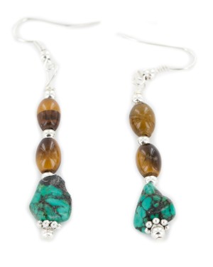Certified Authentic Navajo .925 Sterling Silver Hooks Dangle Natural Turquoise Tigers Eye Native American Earrings 18126