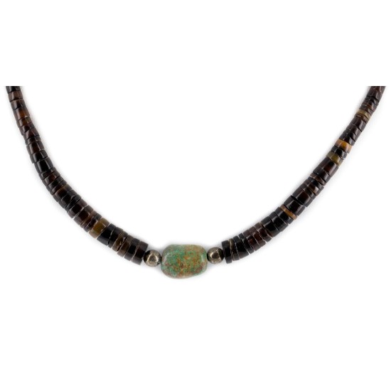 Certified Authentic Navajo .925 Sterling Silver Natural Dark Graduated Heishi and Turquoise Native American Necklace 15262-55