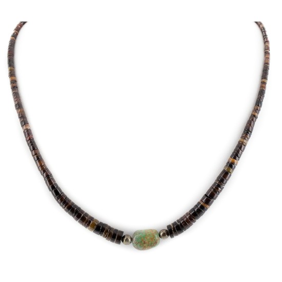 Certified Authentic Navajo .925 Sterling Silver Natural Dark Graduated Heishi and Turquoise Native American Necklace 15262-55