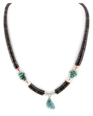 Certified Authentic Navajo .925 Sterling Silver Natural Graduated Melon Shell and Turquoise Native American Necklace 18132