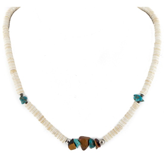Certified Authentic Navajo .925 Sterling Silver Natural Graduated Melon Shell Turquoise Tigers Eye Native American Necklace 15624-18