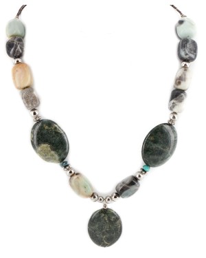 Certified Authentic Navajo .925 Sterling Silver Natural Turquoise Green Jasper Agate Native American Necklace 15554-11