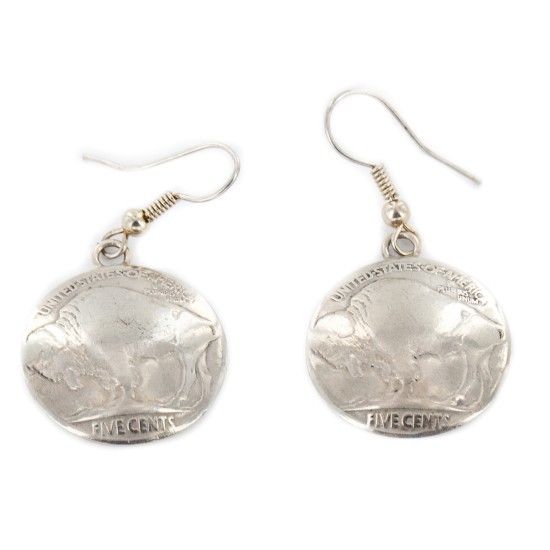 Vintage Style OLD Buffalo Coin Certified Authentic Navajo .925 Sterling Silver Dangle Native American Earrings 18045