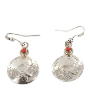 Vintage Style OLD Buffalo Coin Certified Authentic Navajo .925 Sterling Silver Mediterranean Coral Native American Earrings 17930