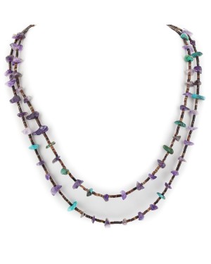 2 Strand Certified Authentic Navajo .925 Sterling Silver Natural Turquoise Amethyst Native American Necklace 15585-137