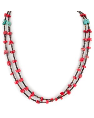 2 Strand Certified Authentic Navajo .925 Sterling Silver Natural Turquoise Coral Native American Necklace 15562-33