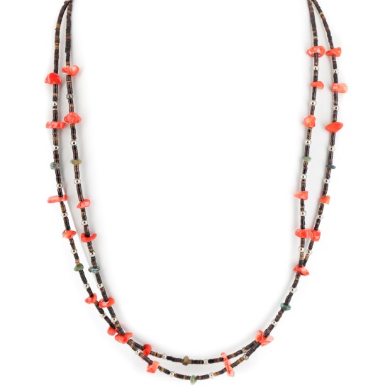 2 Strand Certified Authentic Navajo .925 Sterling Silver Natural Turquoise Coral Native American Necklace 750106-37