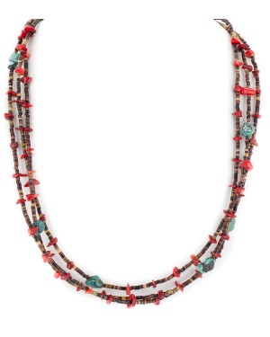 3 Strand Certified Authentic Navajo .925 Sterling Silver Natural Turquoise Coral Native American Necklace 15649-21