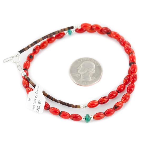 Certified Authentic Navajo .925 Sterling Silver Natural Turquoise Coral Chain Native American Necklace 17029