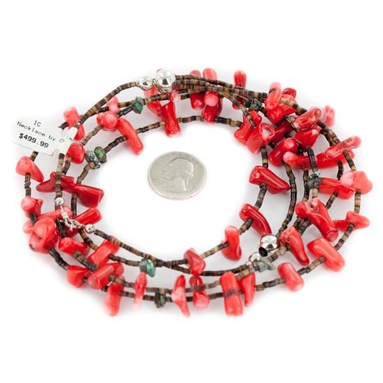 3 Strand Certified Authentic Navajo .925 Sterling Silver Natural Turquoise Coral Native American Necklace 15755-1