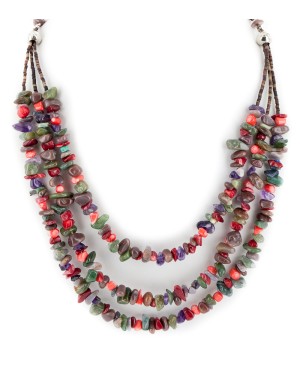 3 Strand Certified Authentic Navajo .925 Sterling Silver Natural Multicolor Stones Amethyst Coral Jade Agate Native American Necklace 750102-4