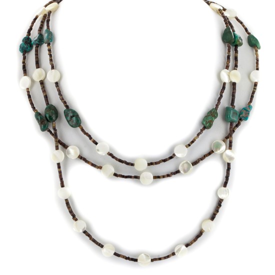 3 Strand Certified Authentic Navajo .925 Sterling Silver Natural Turquoise and Mother of Pearl Native American Necklace 15850-181