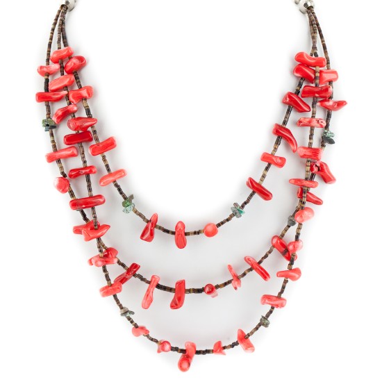 3 Strand Certified Authentic Navajo .925 Sterling Silver Natural Turquoise Coral Native American Necklace 15755-1