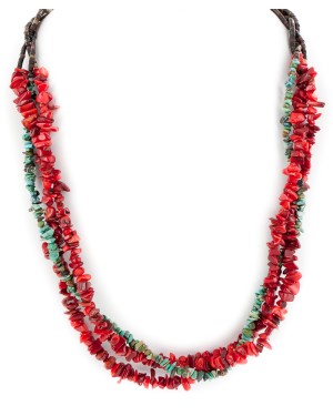 3 Strand Certified Authentic Navajo .925 Sterling Silver Natural Turquoise Coral Twisted Native American Necklace 750153-1