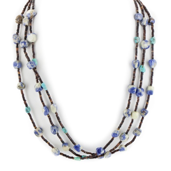 3 Strand Certified Authentic Navajo .925 Sterling Silver Natural Turquoise Lapis Native American Necklace 18110-40