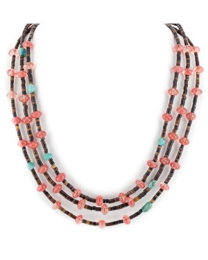 3 Strand Certified Authentic Navajo .925 Sterling Silver Natural Turquoise Pink Quartz Native American Necklace 15297-117