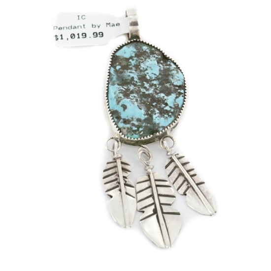 Feather Certified Authentic .925 Sterling Silver Handmade Navajo Natural Turquoise Native American Pendant 14990-1