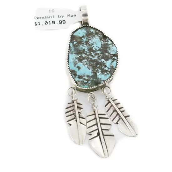 Feather .925 Sterling Silver Handmade Navajo Natural Turquoise Native American Pendant 14990-1