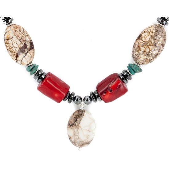 Certified Authentic Navajo .925 Sterling Silver Coral White Howlite Hematite Native American Necklace 16095