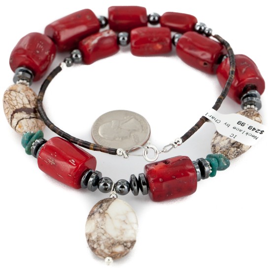 Certified Authentic Navajo .925 Sterling Silver Coral White Howlite Hematite Native American Necklace 16095